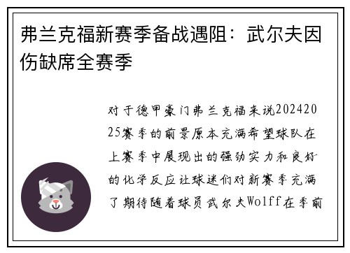 弗兰克福新赛季备战遇阻：武尔夫因伤缺席全赛季